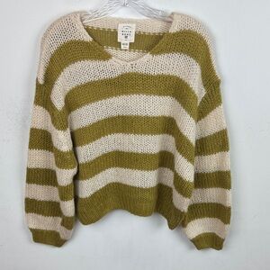 Billabong Olive Green & Cream Striped V-Neck Sweater